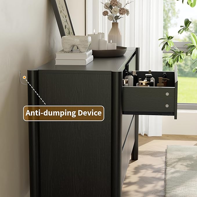 Dresser for Bedroom,6-Drawers,47" Wide Farmhouse Large Dressers & Chest,4 Solid Wood Legs,TV Stand, Storage Organizer Furniture for Bedroom(Black)