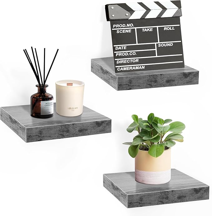 Sorbus 9X9 Inch Floating Shelves for Wall – Square Floating Shelf with Invisible Mounting Bracket for Kitchen, Bedroom, Living Room & Bathroom Decor – Rustic Showcase Wall Shelf (Grey, 3 Pack)