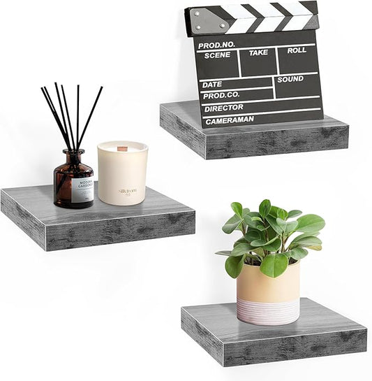 Sorbus 9X9 Inch Floating Shelves for Wall – Square Floating Shelf with Invisible Mounting Bracket for Kitchen, Bedroom, Living Room & Bathroom Decor – Rustic Showcase Wall Shelf (Grey, 3 Pack)