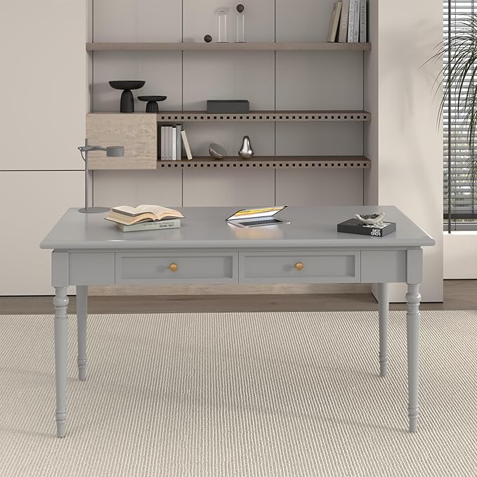 Solid Wood French Country Desk,Writing Desk with Storage Drawers,Farmhouse Computer Table Makeup Table Modern Simple Style,for Home Office Living Room Study Workspace Bedroom (Grey, 47.2IN)