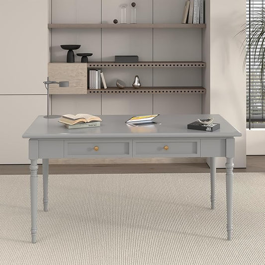 Solid Wood French Country Desk,Writing Desk with Storage Drawers,Farmhouse Computer Table Makeup Table Modern Simple Style,for Home Office Living Room Study Workspace Bedroom (Grey, 47.2IN)