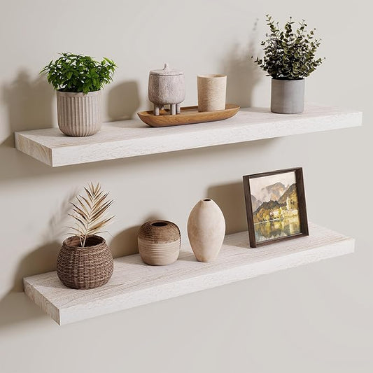 Axeman Floating Shelves for Wall - 32''W x 8'' D Rustic Solid Elm Wood Shelves for Storage, Wall Mounted Display Shelving with Invisible Heavy-Duty Metal Bracket (White Wash, 2PCs)