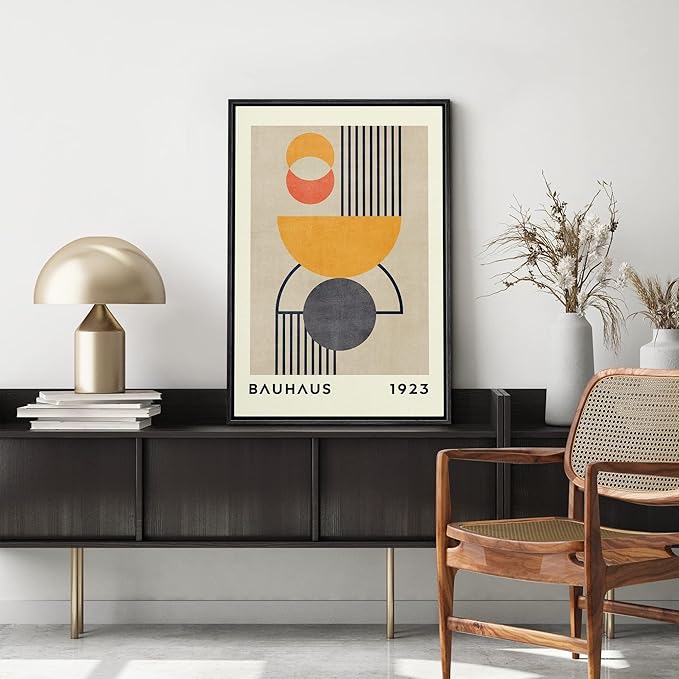MUDECOR Framed Canvas Print Wall Art Bauhaus Orange Geometric Polygon Landscape Abstract Shapes Illustrations Mid-Century Modern Multicolor for Living Room, Bedroom, Office - 24"x36" Black