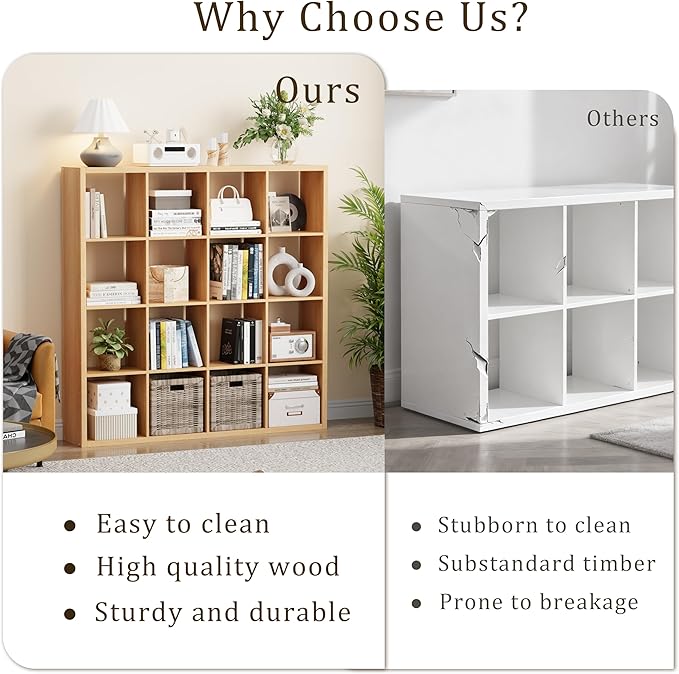 Cube Storage Organizer Bookcase, Decorative 11 inch Open Back Cubical Shelf with Thickened Border, Display Bookshelf for Living Room, Home Office, Sturdy Room (Natural Oak, 16 Cube)