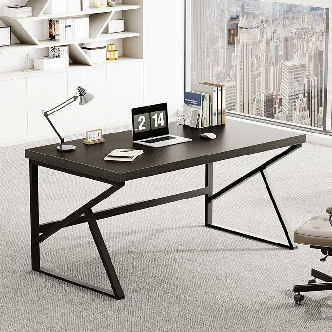 HSH Black Desk, Modern Industrial Home Office Computer Desk, Laptop PC Desk for Student Work Writing Study Gaming, Simple Metal and Wooden Computer Table in Bedroom Living Room Workstation, 55 Inch
