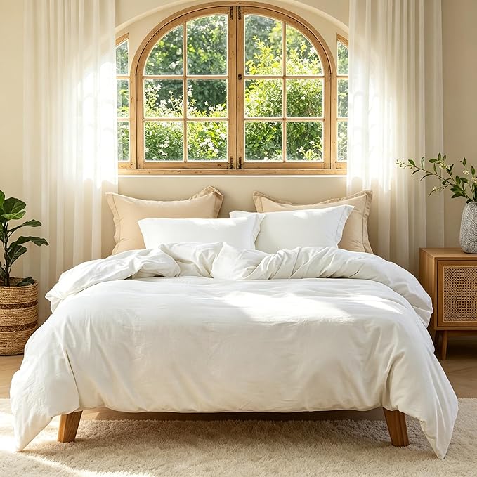 FALUCA French Linen Blend Duvet Cover Set 3Pcs Queen (88"x92") - Soft, Breathable, Cooling Farmhouse Bedding for Summer Hot Sleeper (Queen, White)