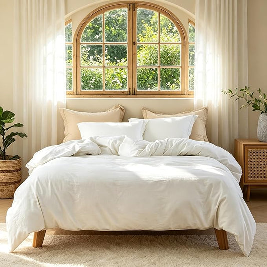 FALUCA French Linen Blend Duvet Cover Set 3Pcs Queen (88"x92") - Soft, Breathable, Cooling Farmhouse Bedding for Summer Hot Sleeper (Queen, White)