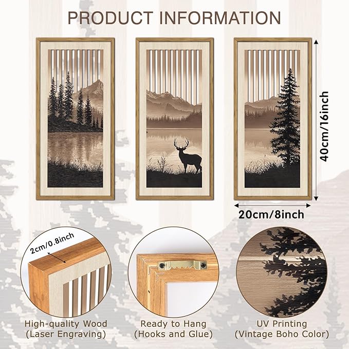 HPNIUB 3PCS Jungle Animals Wall Decor,Rustic Mountain Forest Wooden Sign for Living Room,Silhouette Abstract Deer Pine Tree Hanging Wood Plaque Wall Art Nature Wall Sculpture for Home Office(8x16Inch)