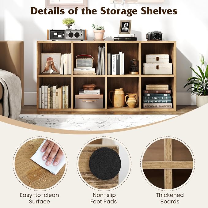 Tangkula 8-Cube Bookcase, Large Floor Standing Horizontal Bookshelf with 8 Open Shelves & 2 Anti-Tipping Kits, Home Office Wooden Storage Book Shelf for Living Room, Study (Natural, 8-Cube)
