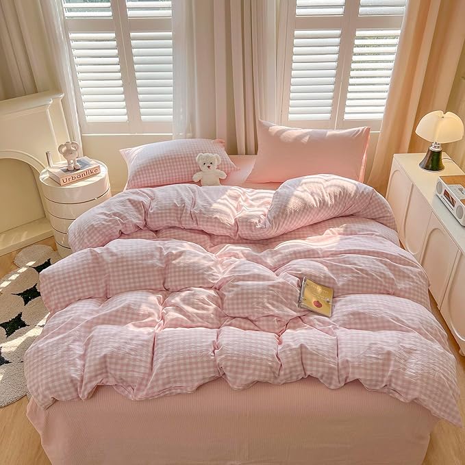 mixinni Light Pink Gingham Duvet Cover Set Twin XL Size - 100% Washed Cotton 3 Piece Plaid Checkered Bedding Set, Soft Comfy Grid Farmhouse Comforter Cover with Zipper Closure & Corner Ties