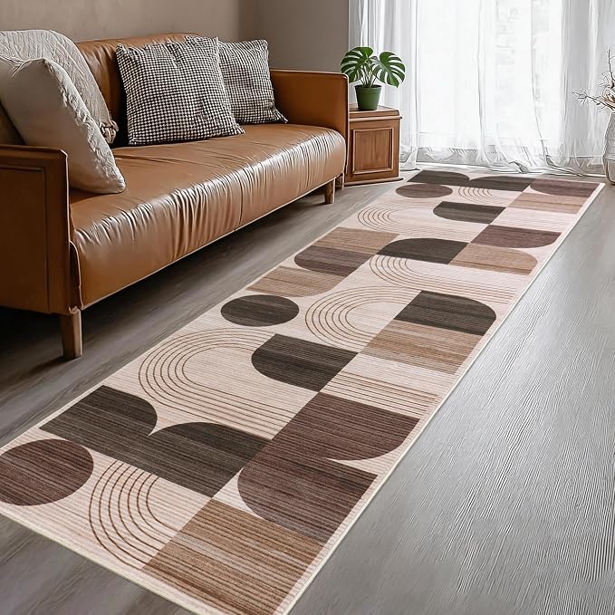 Machine Washable 2.7x10 Runner Rug, Soft Modern Geometric Abstract Brown Rugs for Bedroom Living Room, Non-Shedding Faux Wool Indoor Throw Floor Carpet for Office Entryway Dining Room Decor