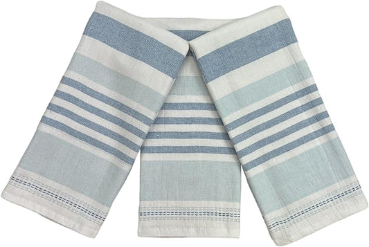 Serafina Home Blue White Kitchen Hand Dish Towels: Oversized 28" x 16",100% Cotton Cloth Soft Cleaning Drying Absorbent Striped Design, Set of 3 Multipurpose for Everyday Use (Blue Monica)