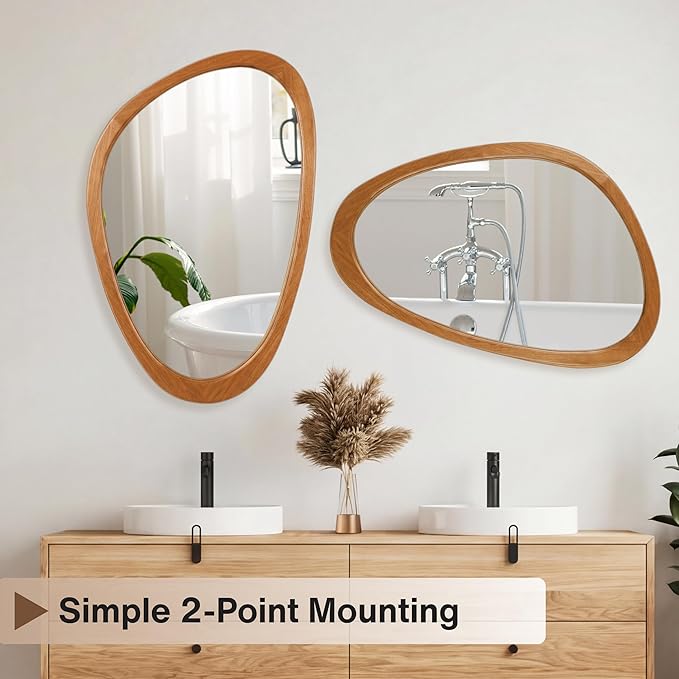 PERFNIQUE Irregular Wall Mirror, 30"x19" Solid Wood Frame Asymmetrical Mirrors for Mid Century Modern Decor, Tempered Glass Decorative Mirrors for Entryway, Bathroom, Bedroom, Living Room
