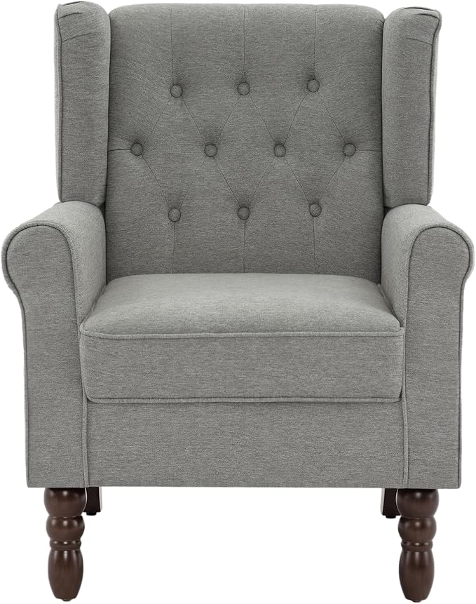 High Back Accent Chairs Set of 2, Upholstered Armchair in Fabric, Retro Wingback Arm Chair for Living Room, Comfy Single Sofa Bedroom Reading Seat with Solid Wood Legs - Light Gray