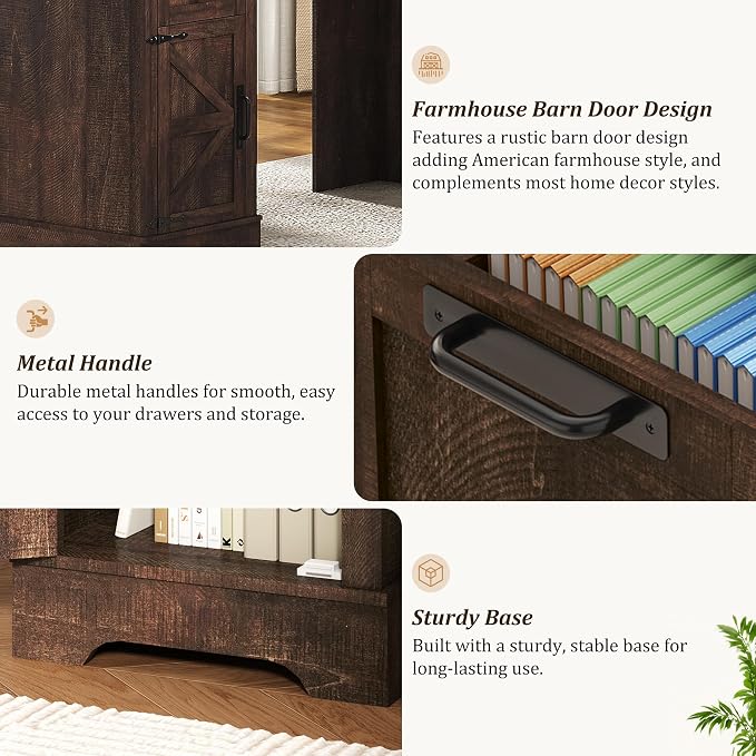 Squireewo 68.9'' Farmhouse L Shaped Desk with Drawers, Wood Executive Home Office Desk with Charging Station, File Drawers and Storage Cabinet, Computer Corner Desk for Work, Study and Writing, Brown