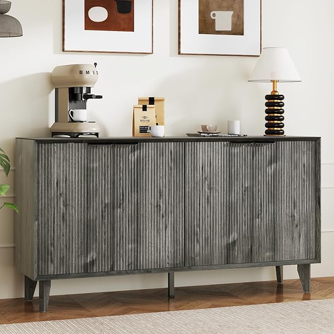 Fluted Cabinet with Storage, Buffet Storage with 4 Doors, Buffet Sideboard Accent Cabinet with Adjustable Shelves for Living Room, Kitchen, Entry, Hallway, Black&Grey