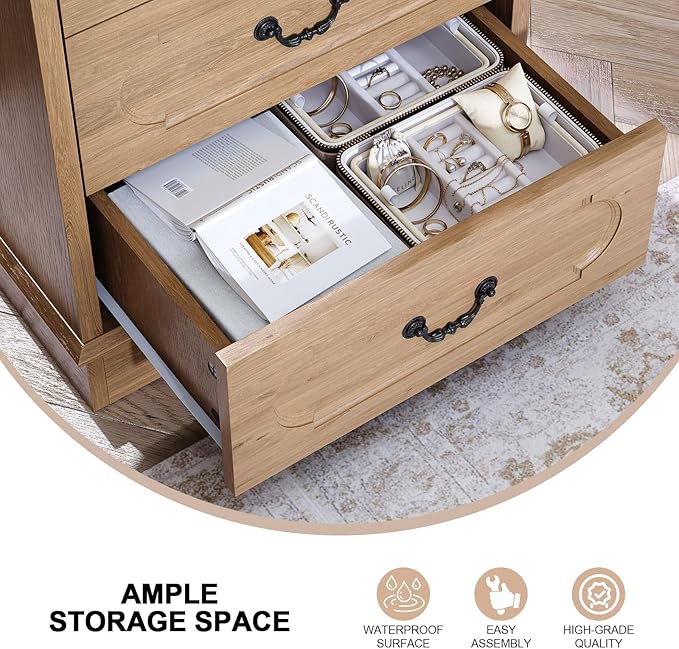 LIDYUK 3 Drawer Dresser for Bedroom Farmhouse Natural Wood Chest of Drawers Bedroom Dresser with Charging Station, Rustic Small Drawers Dressers Nightstand Wooden Closet Storage Cabinet, Living Room