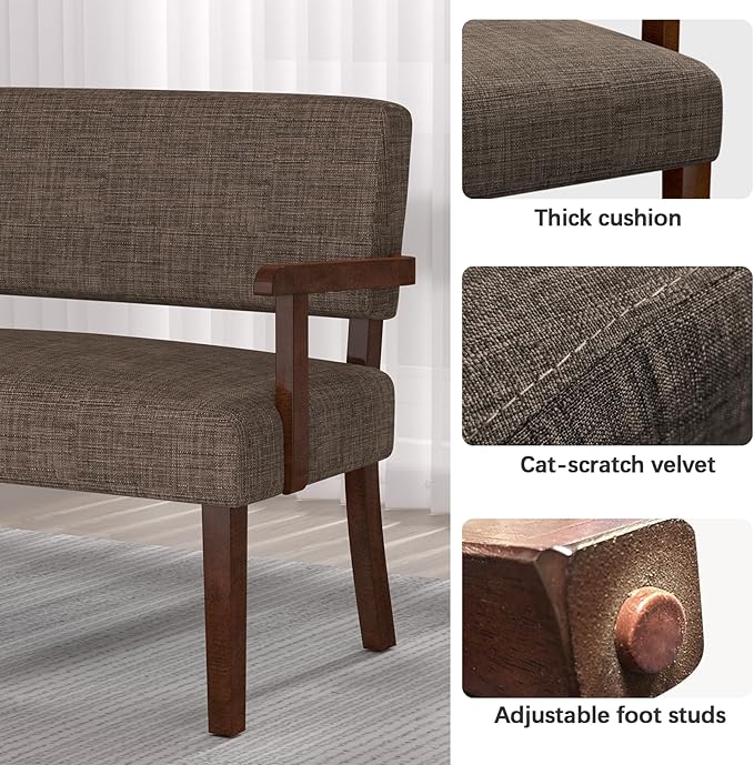 Accent Chair 2 Seat, Upholstered Reading Leisure Chair, Bench with Solid Wood Frame for Dining, Reading,Waiting Rooms (Brown)