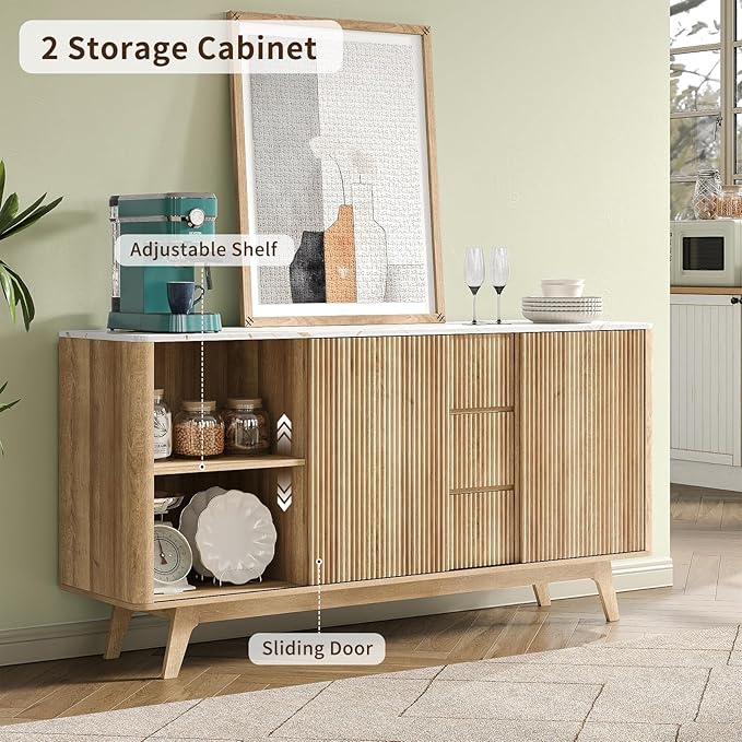 62" W Fluted Buffet Cabinet with Sliding Doors, Modern Sideboard Storage Cabinet with Power Outlet & 3 Drawers, Mid-Century Coffee Bar Table for Living Room, Dinning Room, Natural