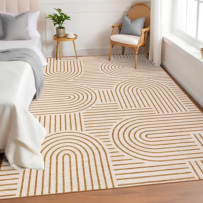 Washable Rug 6x9 Area Rugs for Living Room, Abstract Rug for Bedroom, Soft Rainbow Non Slip Throw Rugs with Rubber, Low Pile Stain Resistant Boho Geometric Carpet for Dining Room, Orange