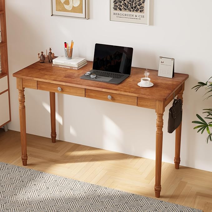 48 Inch Mid Century Modern Desk - Rubber Wood Desk with Drawers, Vintage Desks with 2 Hooks, Mid Century Desks for Bedroom, Living Room & Office, Walnut Color