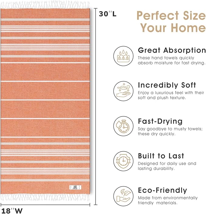 Hand Towels - Set of 6 | 18" x 30" - Decorative Turkish Hand Towel for Bathroom, Kitchen, Guest, Face, Hair, Tea, Dishcloth (Sultan, Orange)