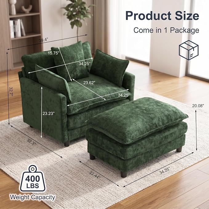 Oversized Accent Chair with Ottoman, Chenille Cloud Single Sofa Upholstered Double-Layer Seat Lounge Armchair with Pillows for Living Room Reading Apartment, Green