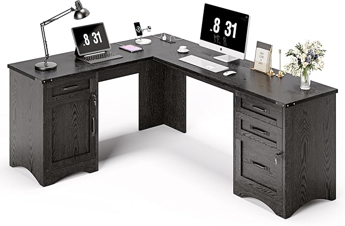 Decofy L Shaped Farmhouse Executive Desk with Drawers, 67" Home Office Desks with Fast Charging Station, Lockable File Cabinet, Wood Writing Computer Desk for Work, Study, Black