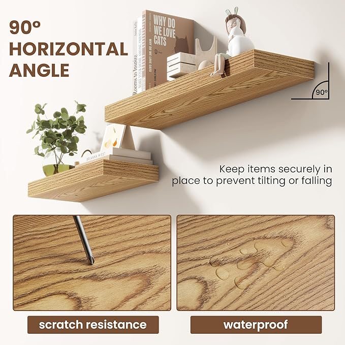 24 Inch Floating Shelves for Wall 2 Pack, 24" Wall Shelves for Books, Storage, Decor, Wall Mounted Floating Shelf with Invisible Brackets for Kitchen, Living Room, Light Brown