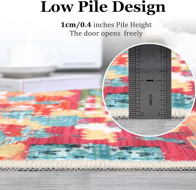 GAOMON 9x12 Washable Boho Chic Abstract Watercolor Design Area Rug Low Pile Thin Living Room Rug Non Slip Soft Bedroom Rug Abstract Accent Carpet for Dining Room Nursery, Pink/Multi