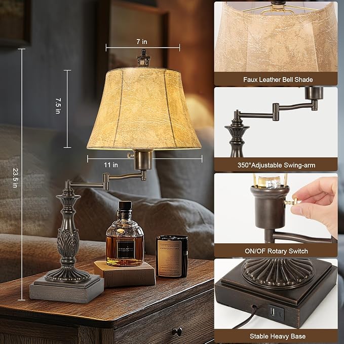 23.5" Rustic Traditional 350° Adjustable Swing Arm Table Lamp Set of 2 with USB A+C Ports Brown Finish Faux Leather Shade Vintage Nightstand lamp for Living Room Bedroom Office (Bulb Included)