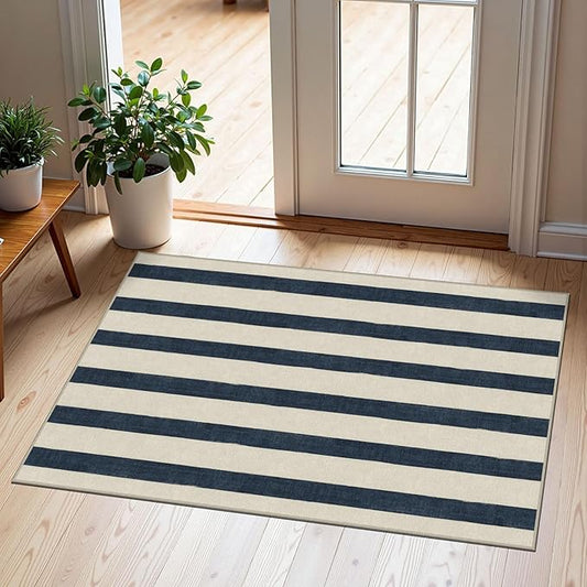 Blue and White Striped Outdoor Rug - 2x3 Non-Slip Front Door Mat Outside Entrance Washable Doormat Indoor Outdoor Entry Rug Small Layered Rugs for Entryway Kitchen Front Porch Decor