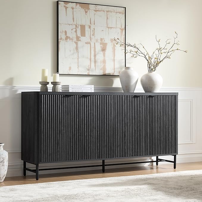 65" Large Sideboard Buffet Cabinet with Storage,Modern Fluted Credenza with Doors & Adjustable Shelves,Accent Coffee Bar/TV Console for Dining Room & Living Room,Black Gray
