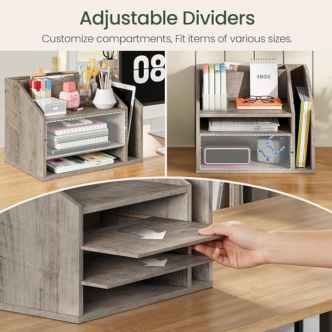 CHOEZON Wooden Desk Organizer with Adjustable Partitions, Multi-Layer Desktop File Holder for Home Office, Paper & Stationery Storage Organizer, Greige MWJ04FH