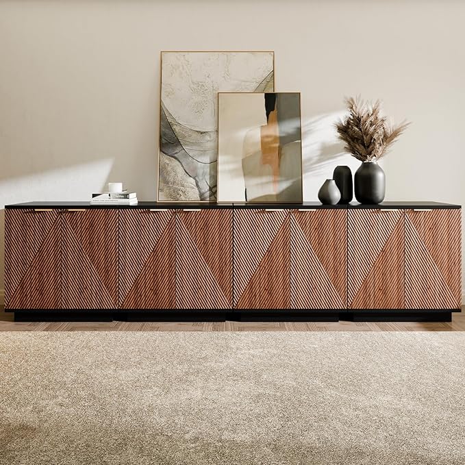 Walsham Buffet Cabinet Sideboard, 126" Fluted Accent Storage Cabinet with Doors and Shelves, Credenza Cupboard Console for Living Room Kitchen Hallway, Walnut