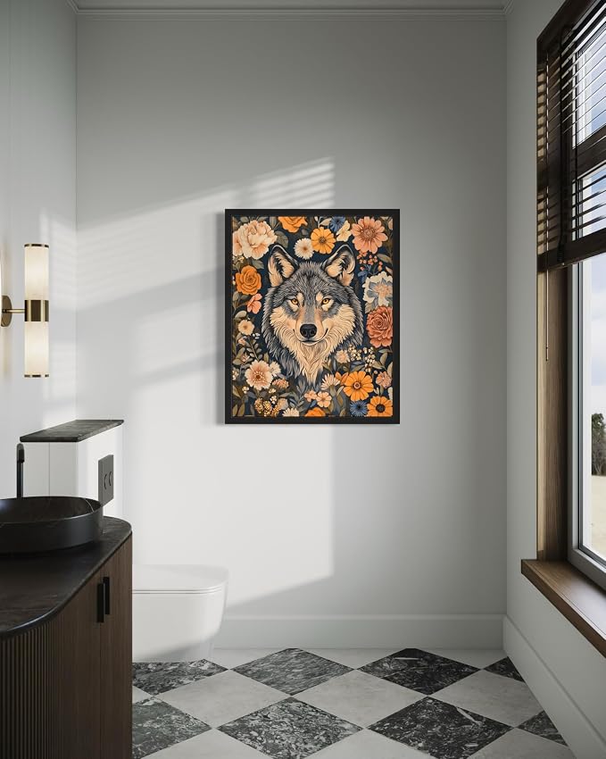 Wolf Art Print Poster, William Morris Style Retro Mid Century Botanical Victorian Dark Academia Gothic Decor Gallery 10b (Wolf, 18 x 24 inches, Black Frame)