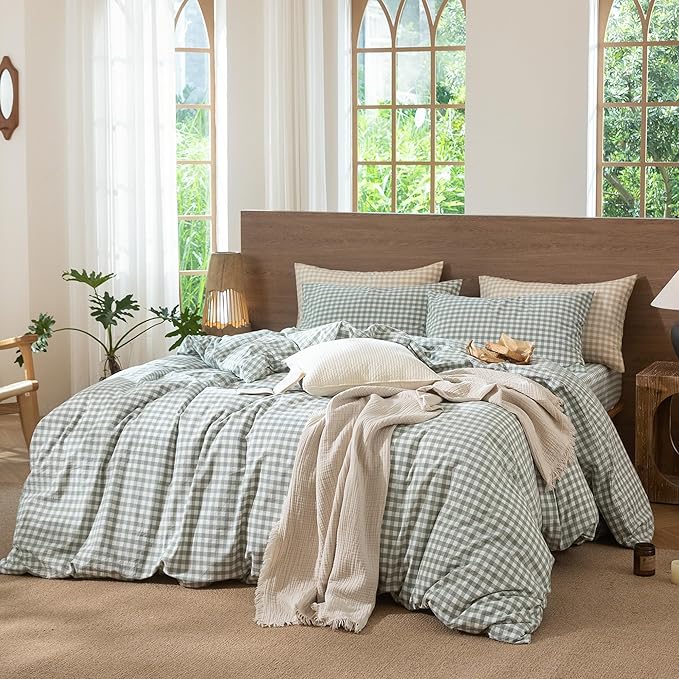 MooMee Gingham Duvet Cover Set 100% Washed Cotton Linen Like Textured Breathable Durable Soft Comfy Modern Checkered Design (Sage Green Gingham, Super King 108"x98")