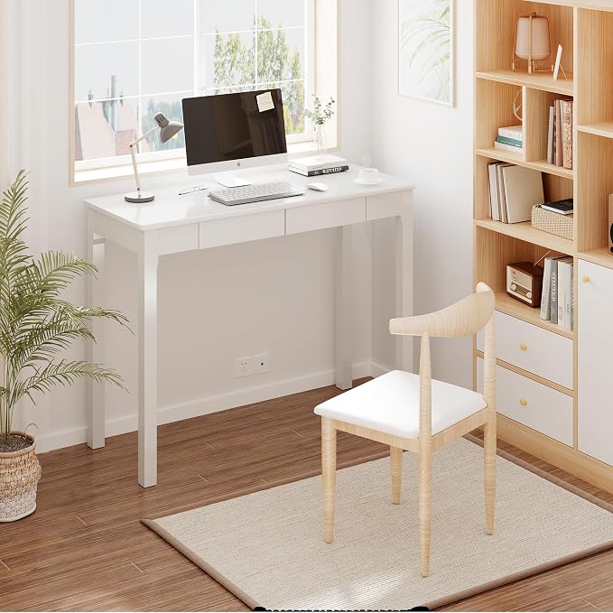 100% Solid Wood Desk with Drawers 39 x 15 Inch Mid Century Modern Desk Vintage Small Writing Wooden Desks for Small Spaces Bedroom, Living Room, Office