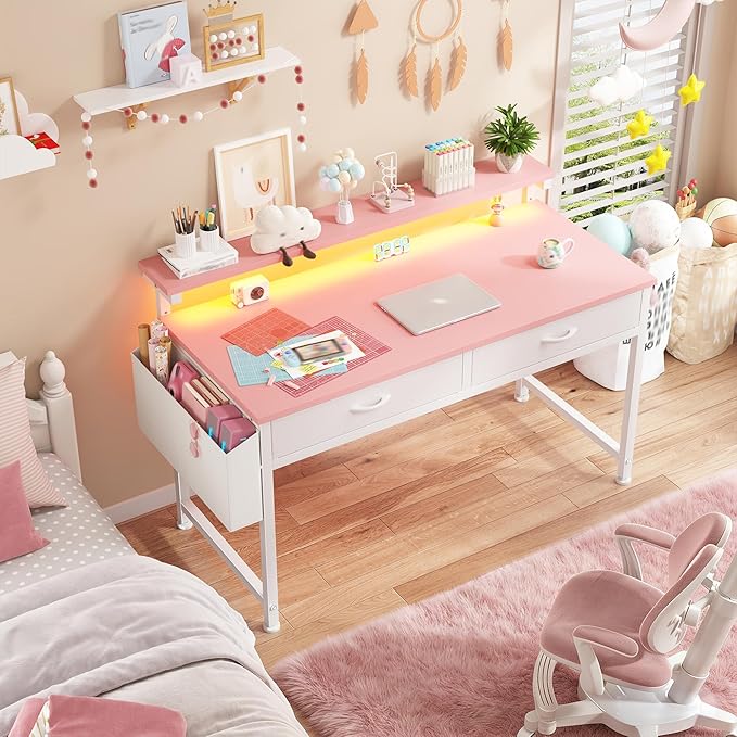 DurayLoly 39.4Inch Office Computer Desk with LED Lights & 2 Fabric Drawers, Gaming Desk with Side Pocket & Ergonomic Monitor Stand, Small Space Study Writing Table with Anti-Tip Design,Pink