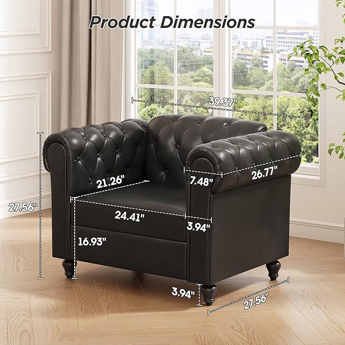 Black Faux Leather Accent Chairs, Button-Tufted Upholstered Club Chair Retro Armchairs, Mid Century Modern Accent Chair with Solid Wood Legs, Cozy Chesterfield Couch Chairs for Living Room, Bedroom