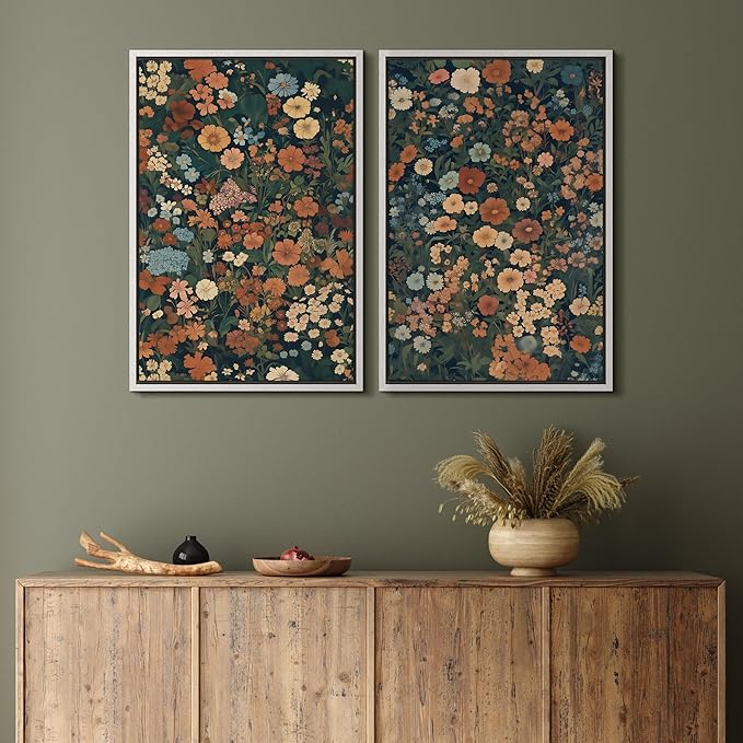 MUDECOR Framed Canvas Print Wall Art Vintage Floral Botanical Colorful Wildflowers Illustrations Modern Art Decorative Bohemian Colorful for Living Room, Bedroom, Office - 16"x24"x2 White