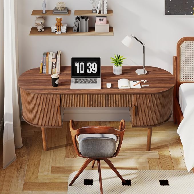 ORRD Home Office Oval Desk with Sliding Tambour Door and Drawer, Modern Fluted Wood Executive Computer Storage Desk for Study, Living Room, Bedroom, Office - Walnut