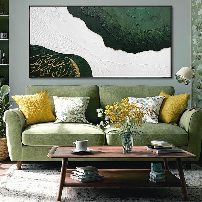 Abstract Canvas Paintings Line Framed Wall Decor Green and White Hanging Art 24"x48" Artwork for Bedroom Kitchen Office