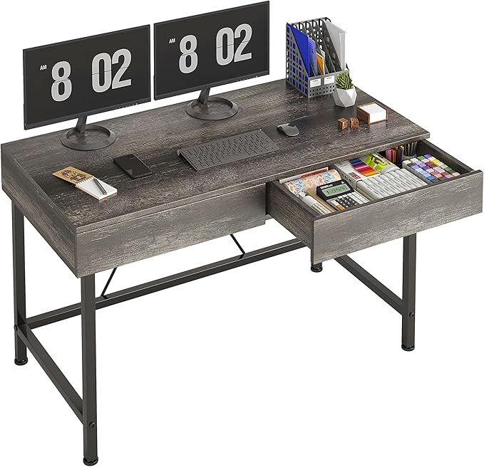 VERMESS 40Inch Small Desk with Wooden Drawers, Kids Desk for Bedroom, Work Desks for Home Office with Storage, Computer Desk for Small Space, Modern Makeup Vanity Writing Study Desk Table, Grey Oak