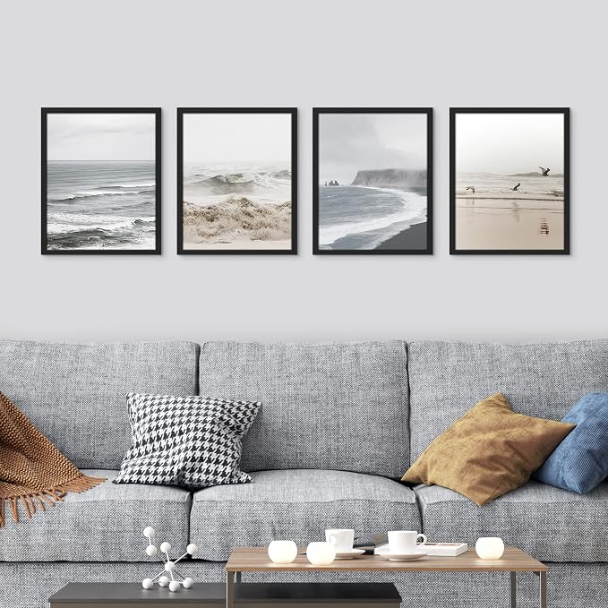 SIGNWIN Framed White Minimal Ocean Beach Seashore Coastals Wall Art, Set of 4 Landscape Colorful Wall Decor Prints, Nature Wilderness Wall Décor for Living Room, Bedroom - 11"x14" Black