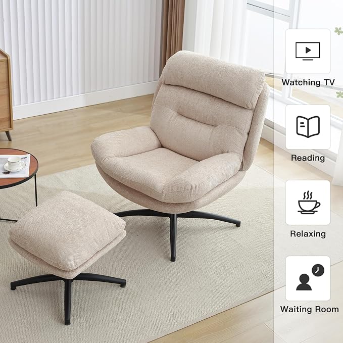 Swivel Accent Chair with Ottoman Set for Living Room, Chenille Comfy Reading Chair with High Back, TV Lounge Chair with 360 Degree Swiveling, Tilting for Bedroom, Modern Armchair with Footrest, Beige