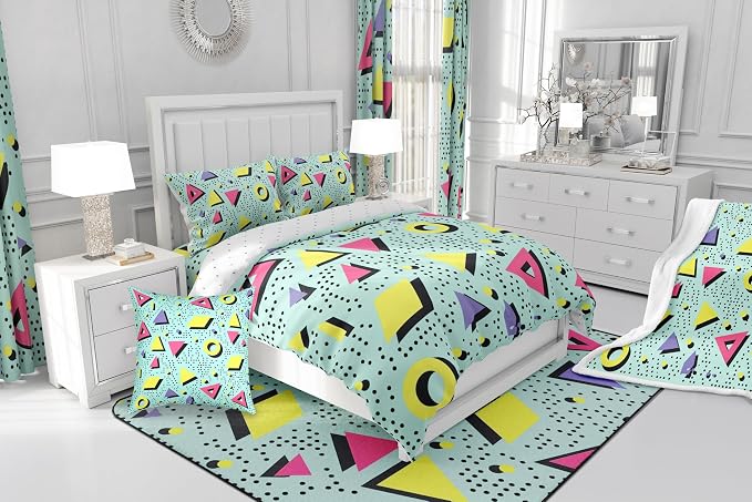 Memphis Style Duvet Cover Full Abstract Colorful Design with Dots Funky Bedding Set for Kids Child Girls Vintage Eighties Comforter Cover Memphis Fashion Bed Sets 80'S Style Retro 1980s Home Decor