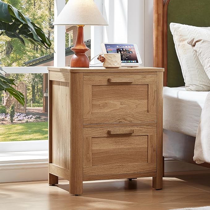 Farmhouse Nightstand Set of 2 with Charging Station, End Tables Bedroom with 2 Large Drawers & 4 Thickened Table Legs, Dark Wood