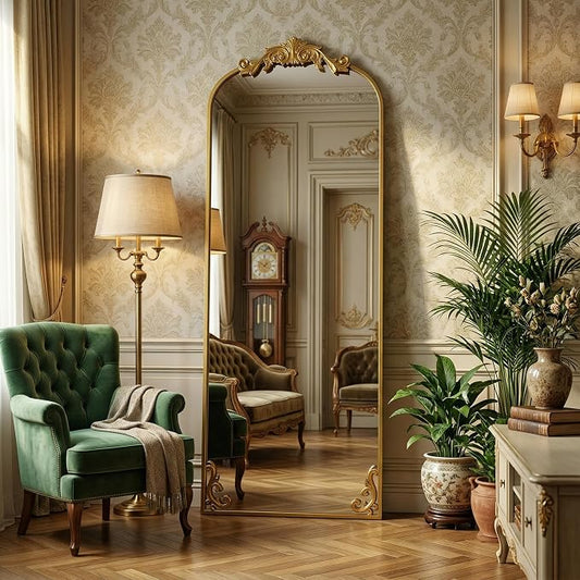HARRITPURE Vintage Floor Mirror - 64"x 21" Large Baroque Carved Arched Full Length Mirrors with Metal Frame for Bedroom/Living Room/Entryway Retro Home Decor,Gold