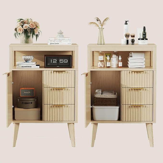 Natural Wood Bathroom Floor Cabinet with 3 Fluted Drawers & Door, Modern Storage Sideboard with Open Shelf, Coffee Bar Station for Living Room, Entryway, 23.6 x 11.8 x 34.6 Inches